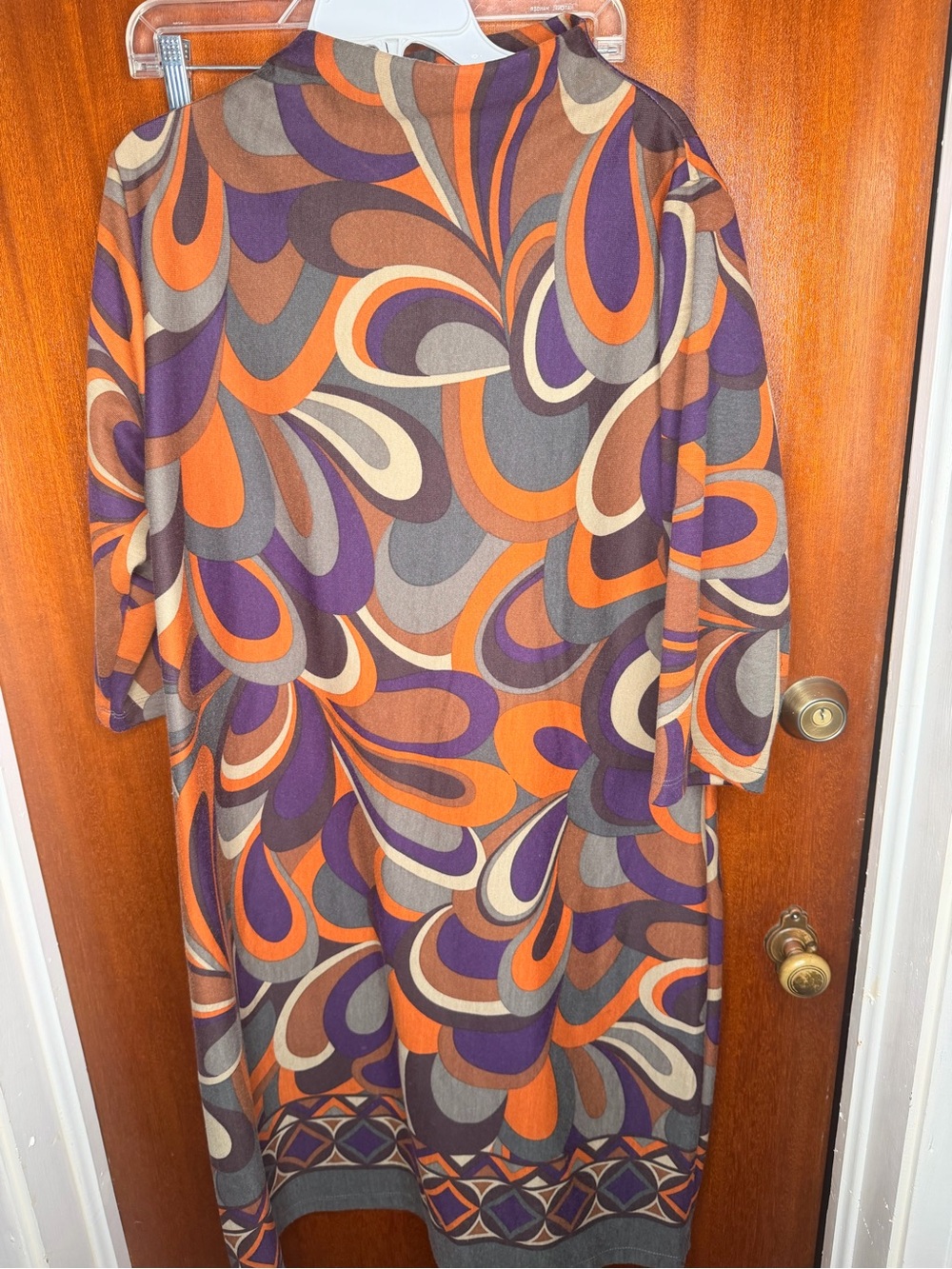 Ashley Stewart Retro Swirl Long Sleeve Dress in Orange, Purple & Brown